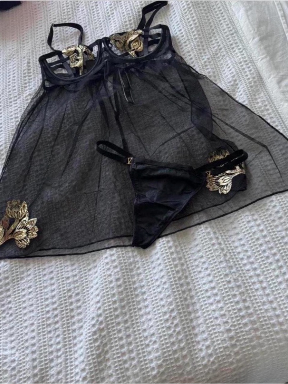 Victoria's Secret Black Sheer Babydoll with Gold Floral Appliqué
